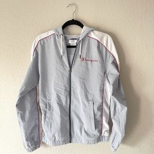 Men’s Champion seersucker hooded blue and pink full zip jacket